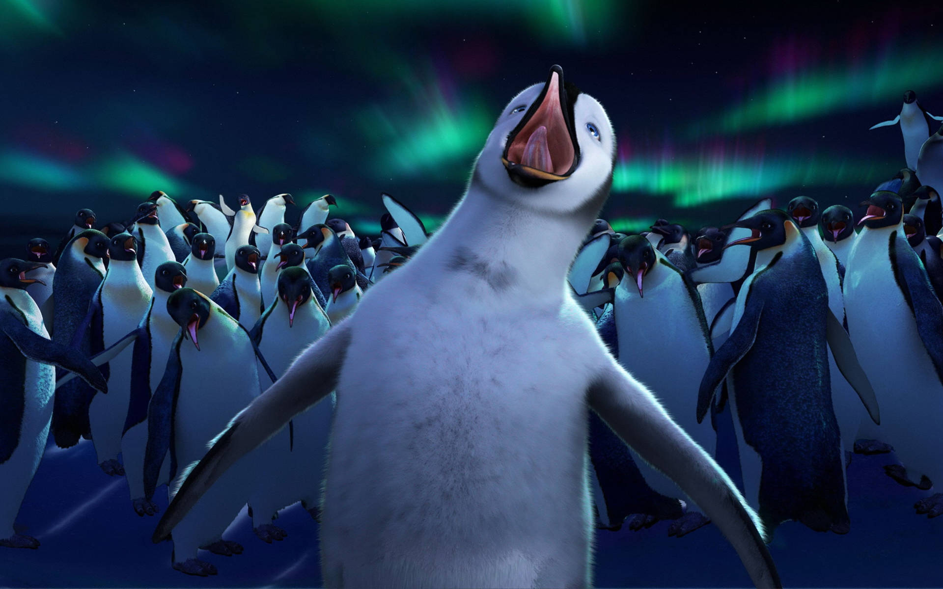 a penguin is standing in front of a group of penguins Wallpaper