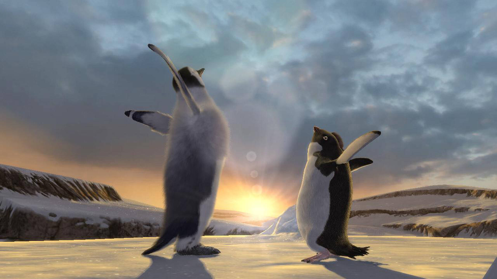 two penguins are standing on the snow in the background Wallpaper