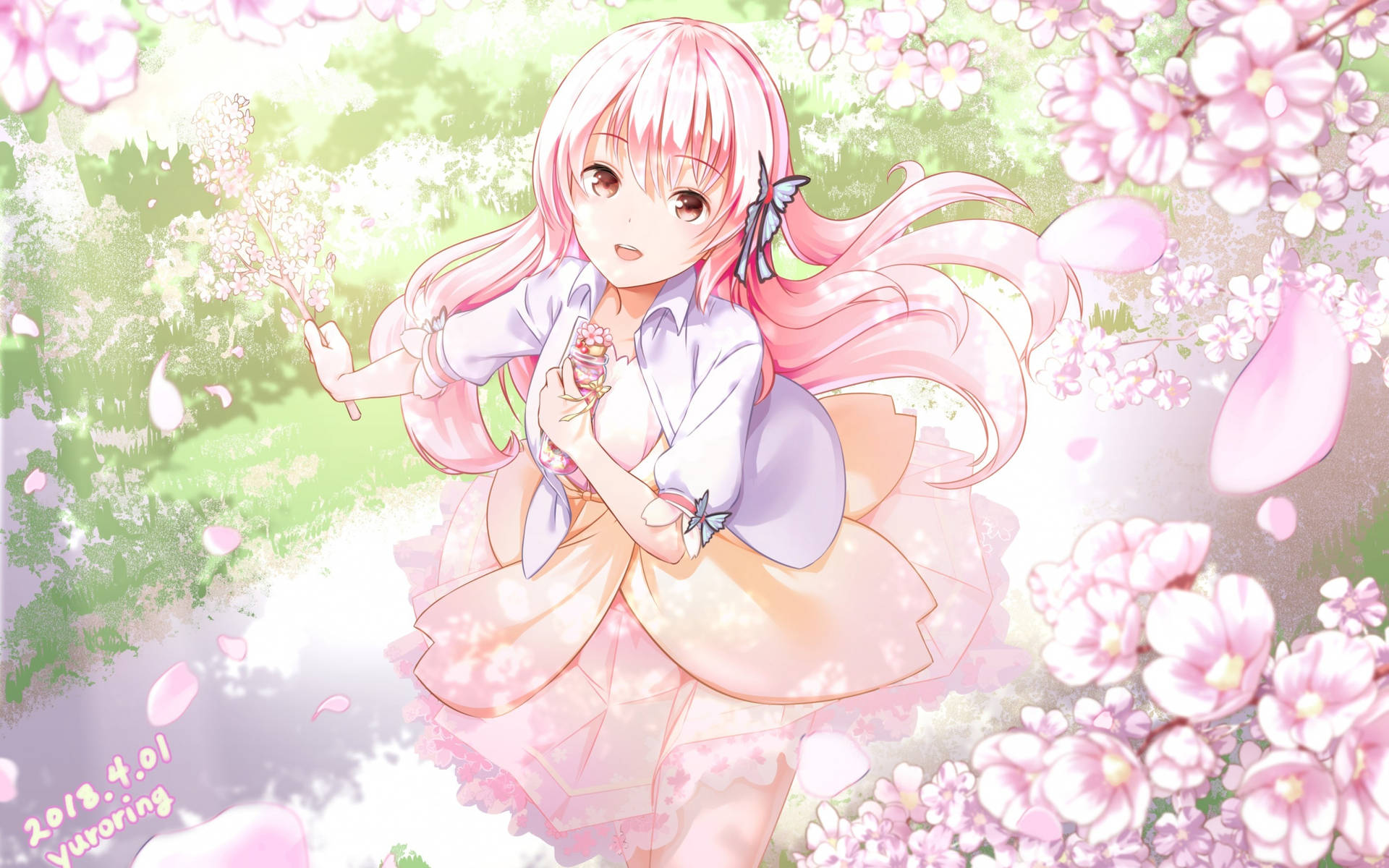 Ragazza Felice Sakura Bunga Sfondo