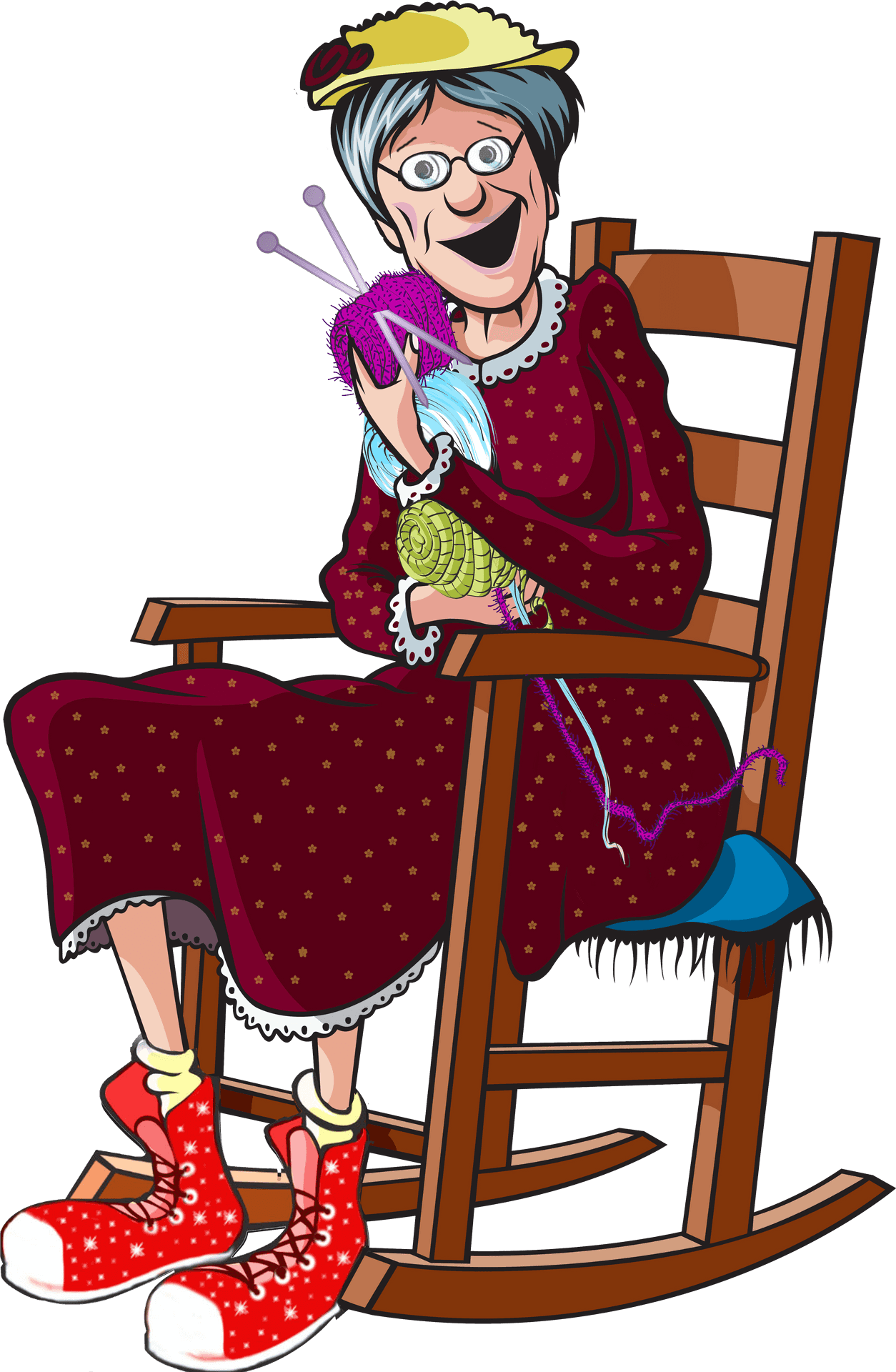 Happy Granny Knittingin Rocking Chair PNG