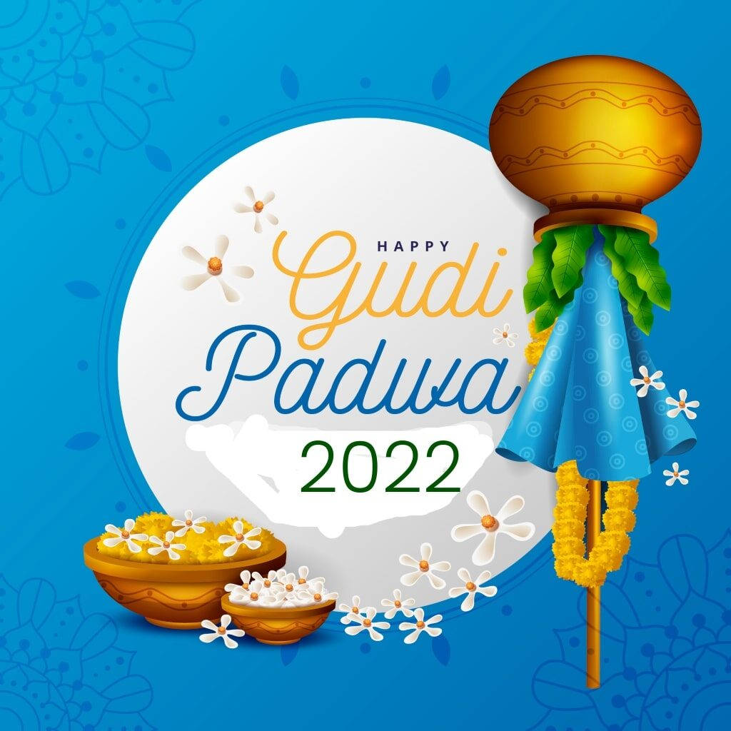 Happy Gudi Padwa 2022 Blue And White Banner Wallpaper