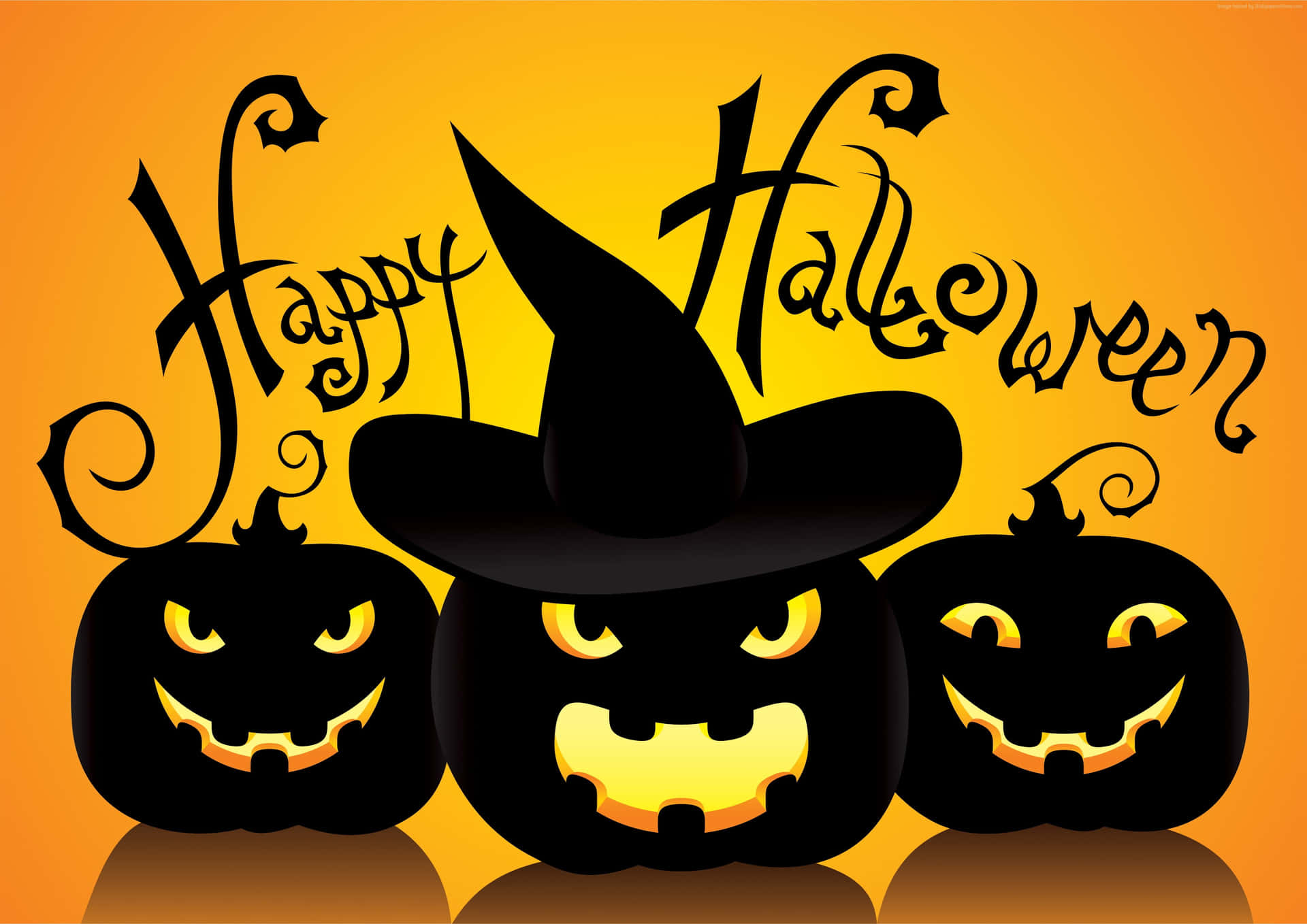 Happy Halloween Pumpkinsand Witch Hat Wallpaper