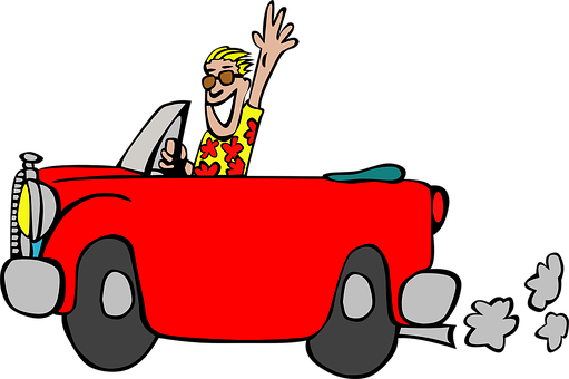 Happy Man Driving Red Car Cartoon PNG