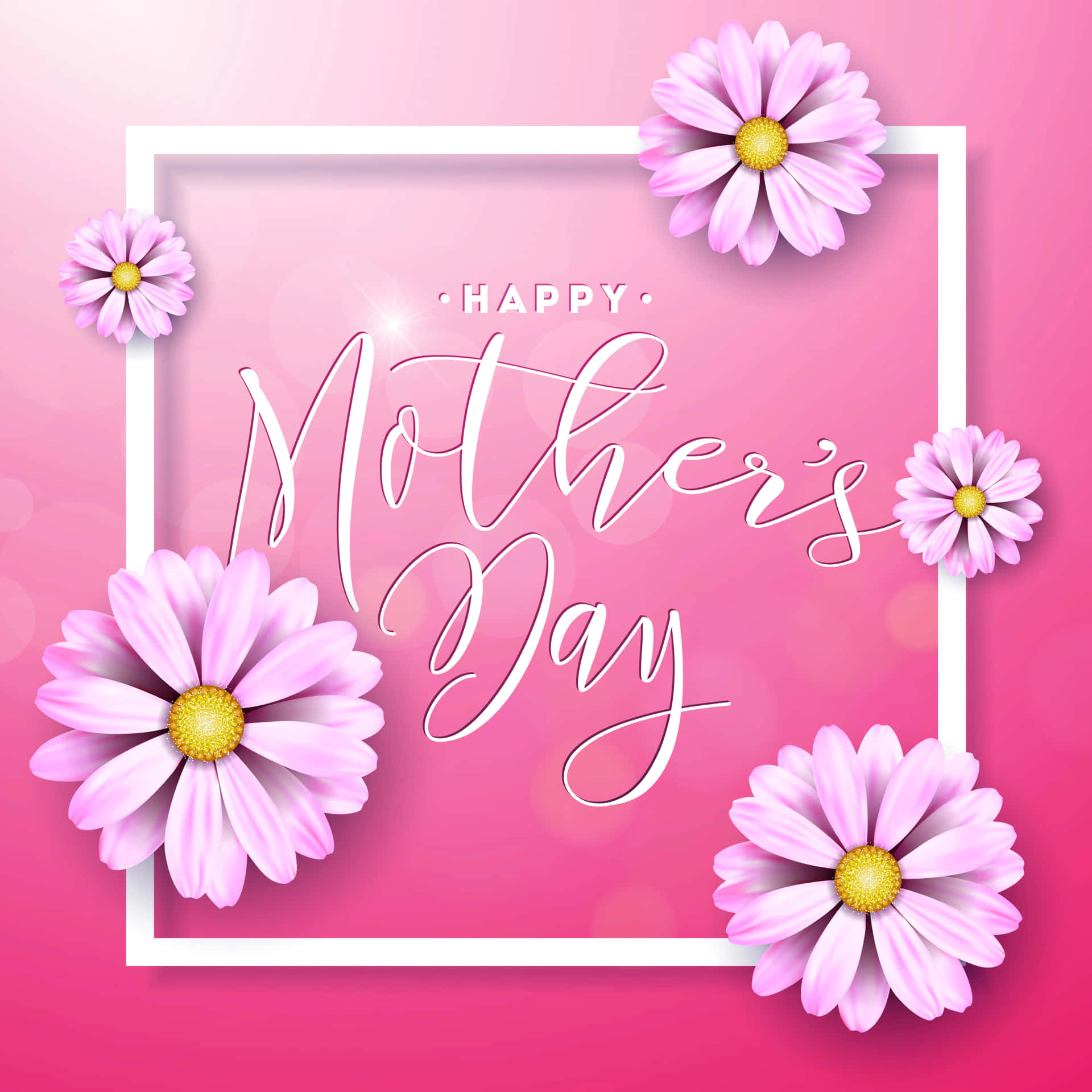Happy Mother's Day With Pink Flowers And A Square Frame