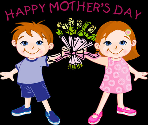Happy Mothers Day Cartoon Children Bouquet PNG