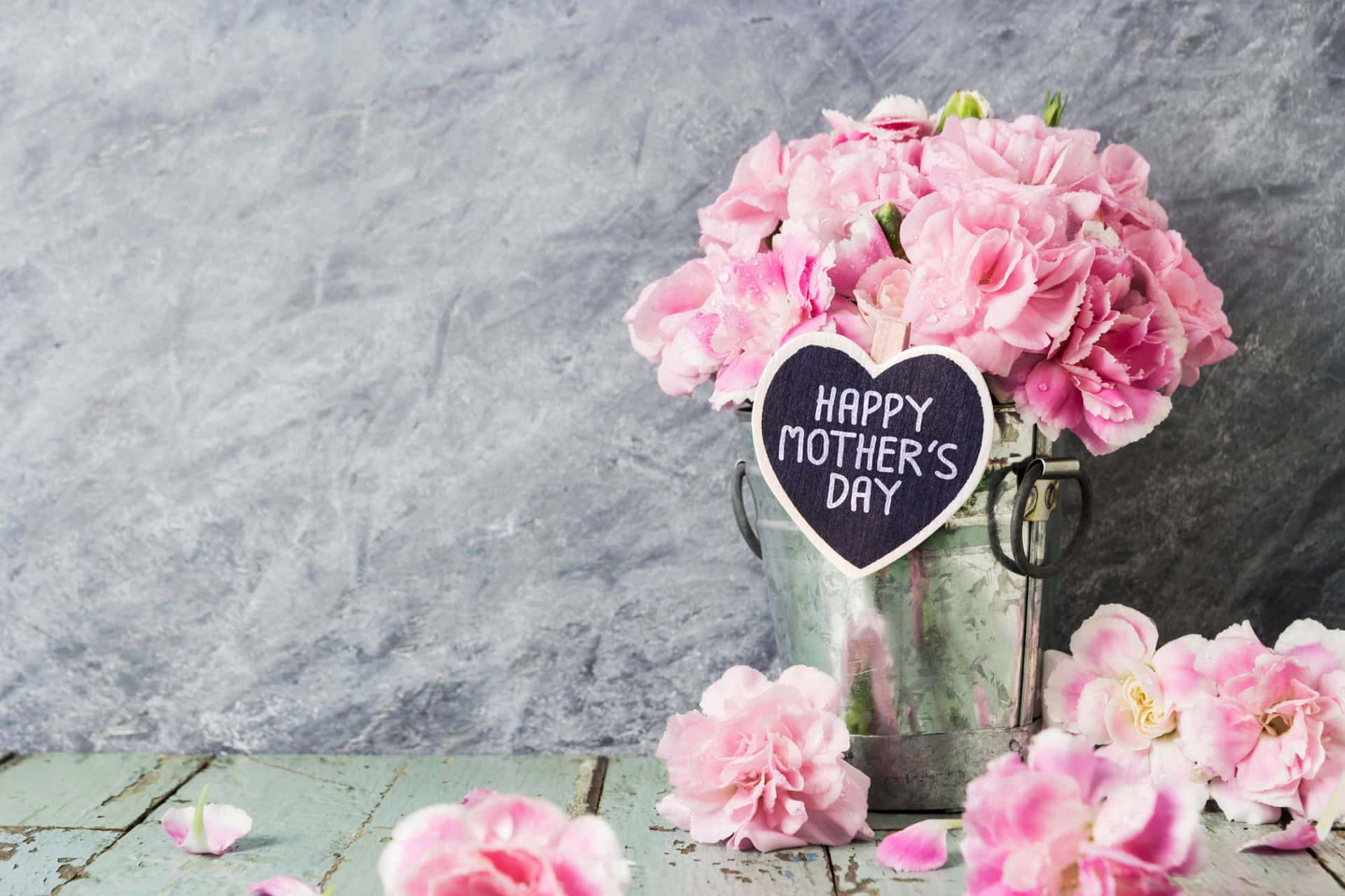 Happy Mother's Day With Pink Flowers In A Bucket