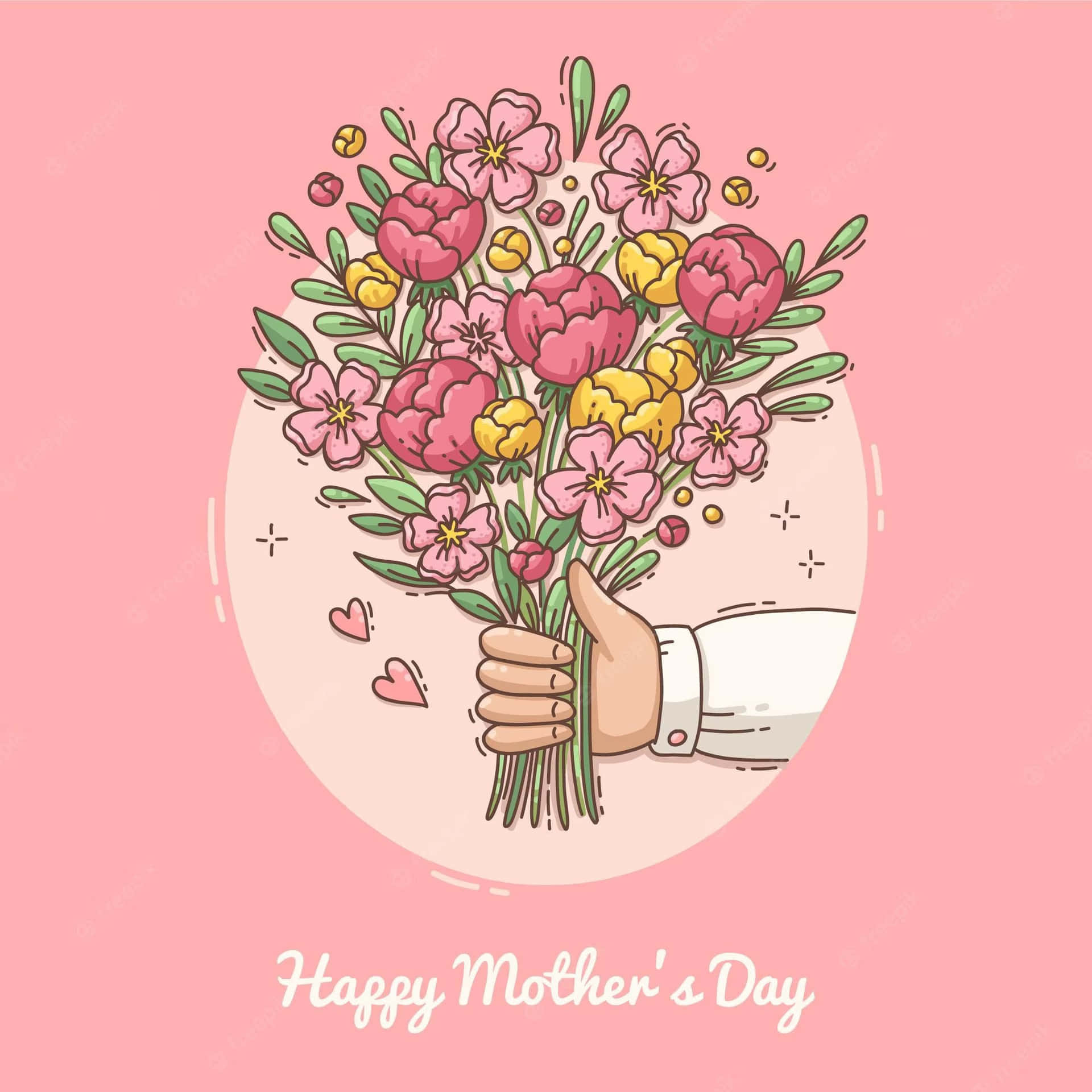 Tarjetade Feliz Día De Las Madres Con Una Mano Sosteniendo Un Ramo De Flores.