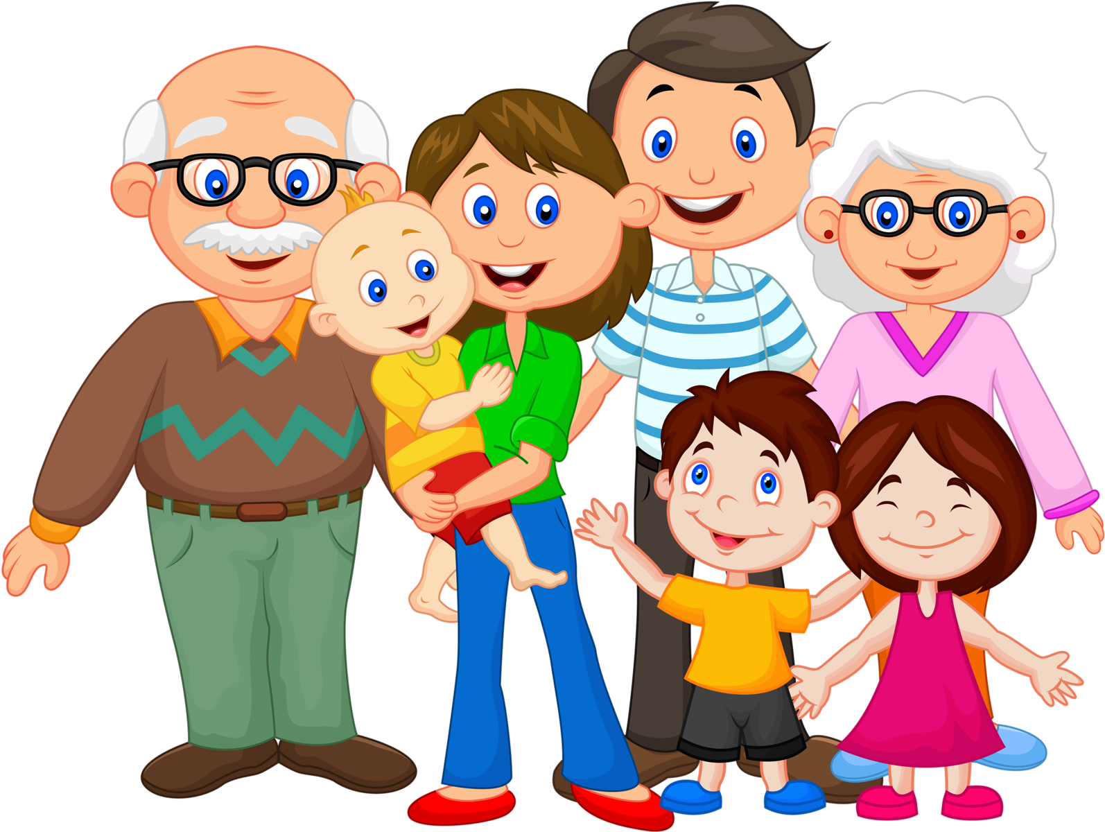 Happy Multigenerational Family Cartoon PNG