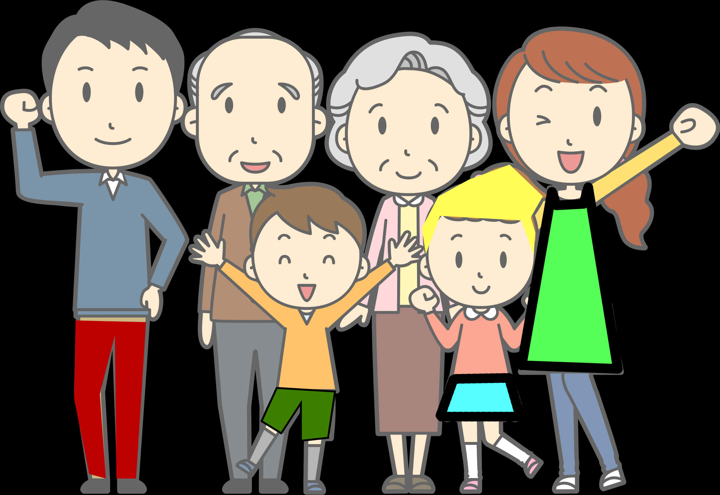 Happy Multigenerational Family Cartoon PNG
