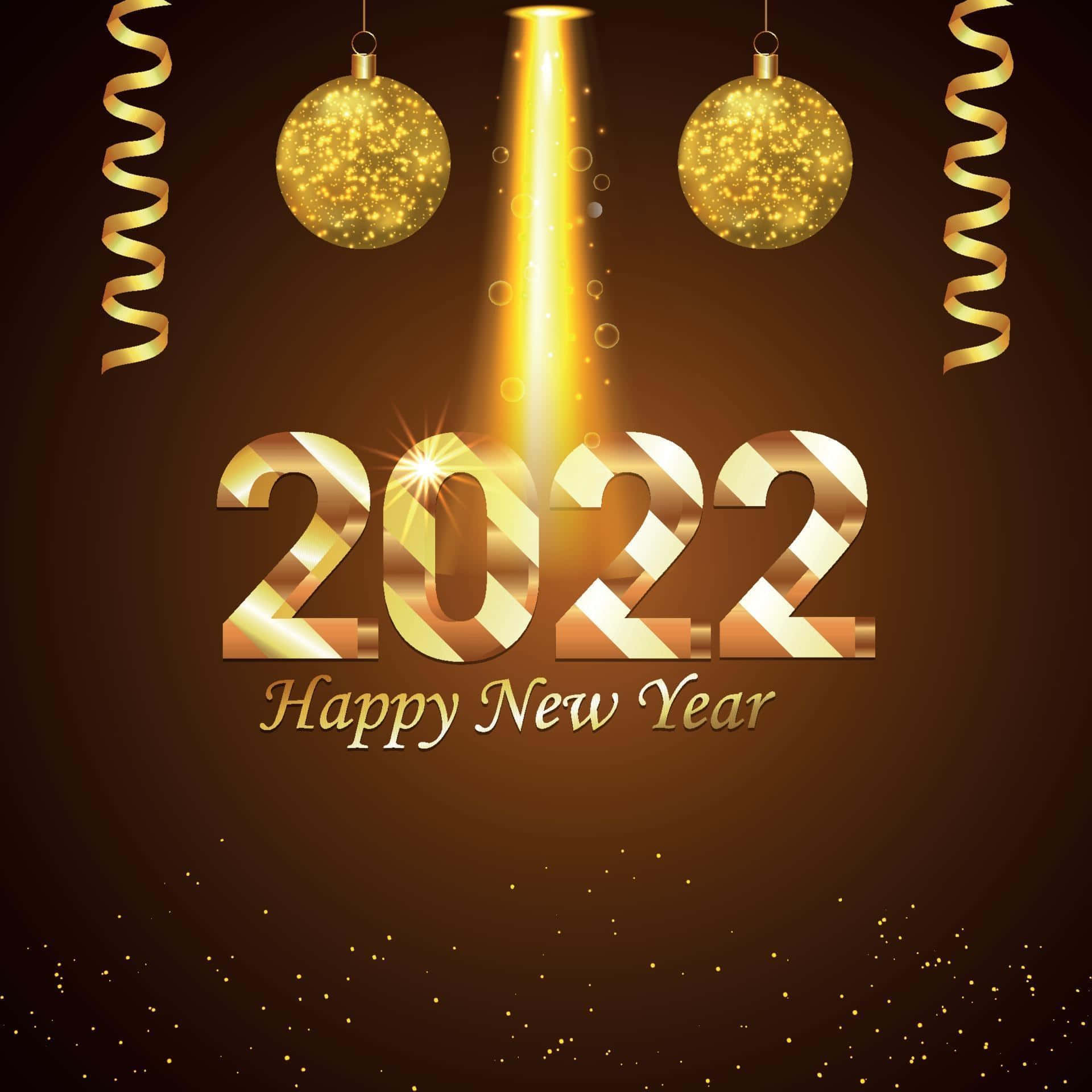 Happy New Year 2022 Background With Golden Balls And Ribbons