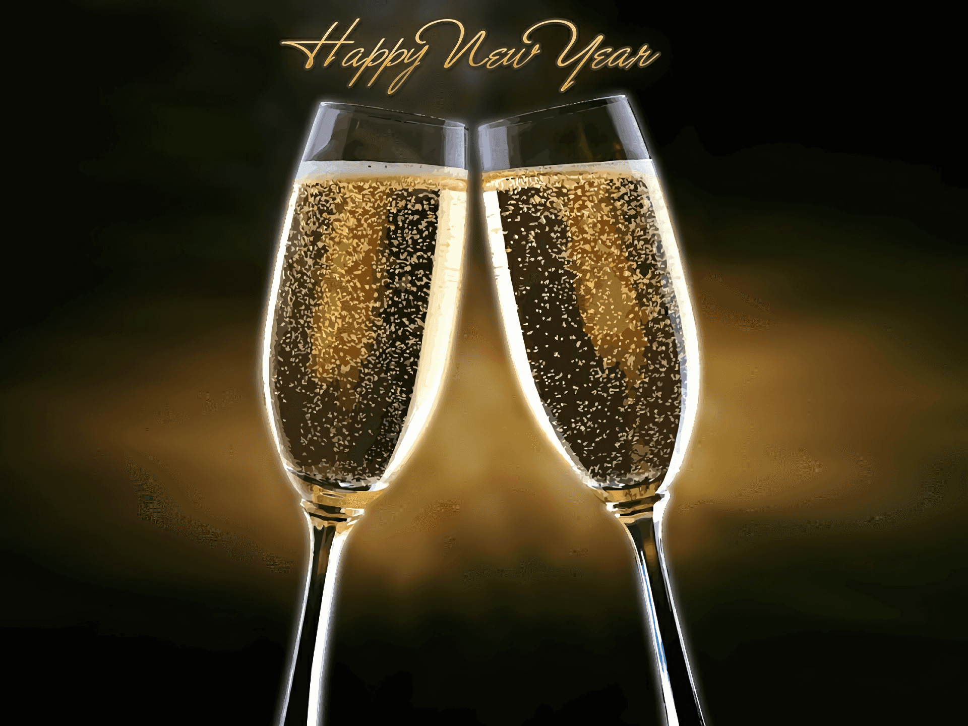 Happy New Year Champagne Glasses On A Black Background