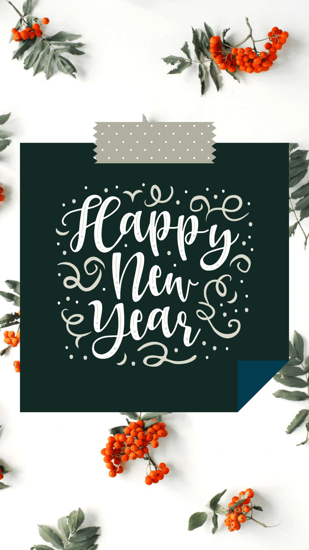 Happy New Year Greeting Card With Berries And Leaves Wallpaper