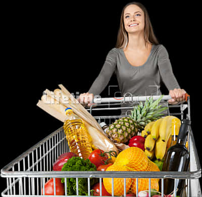 Happy Shopper With Full Grocery Cart PNG