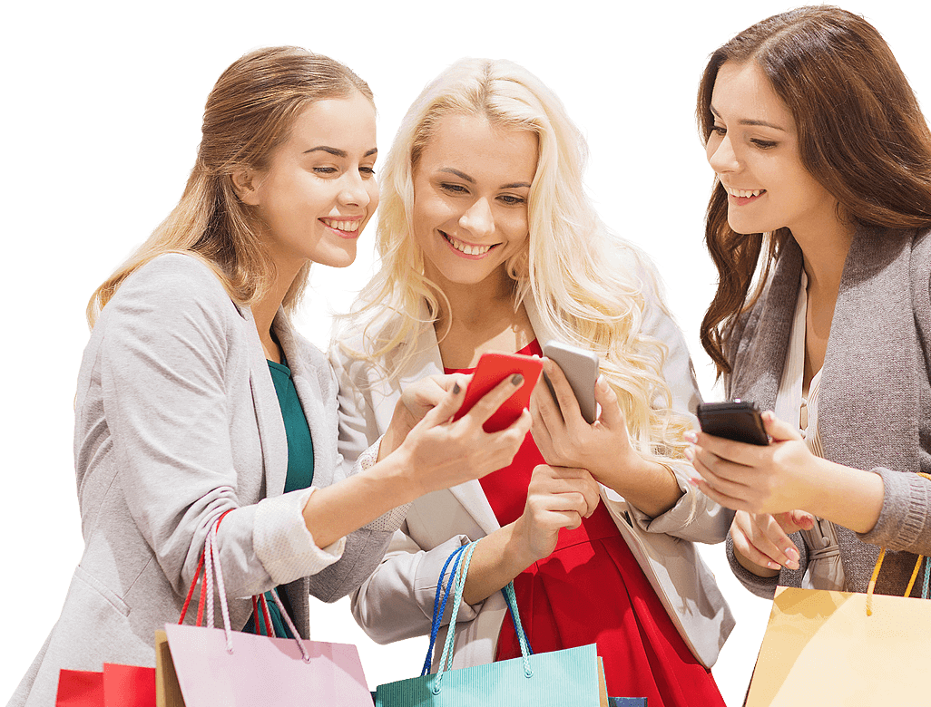 Happy Shoppers Using Smartphones PNG
