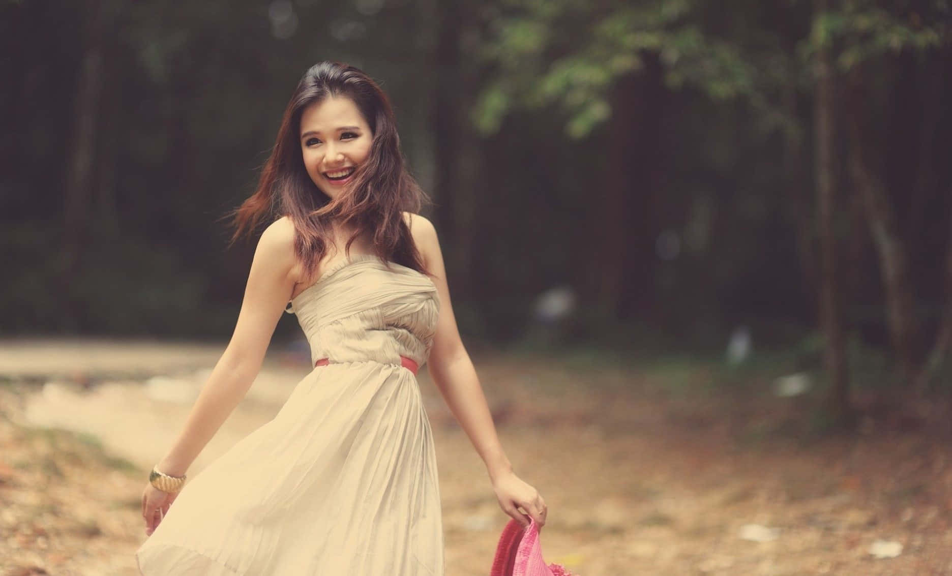 Happy Single Woman In A Dress Background
