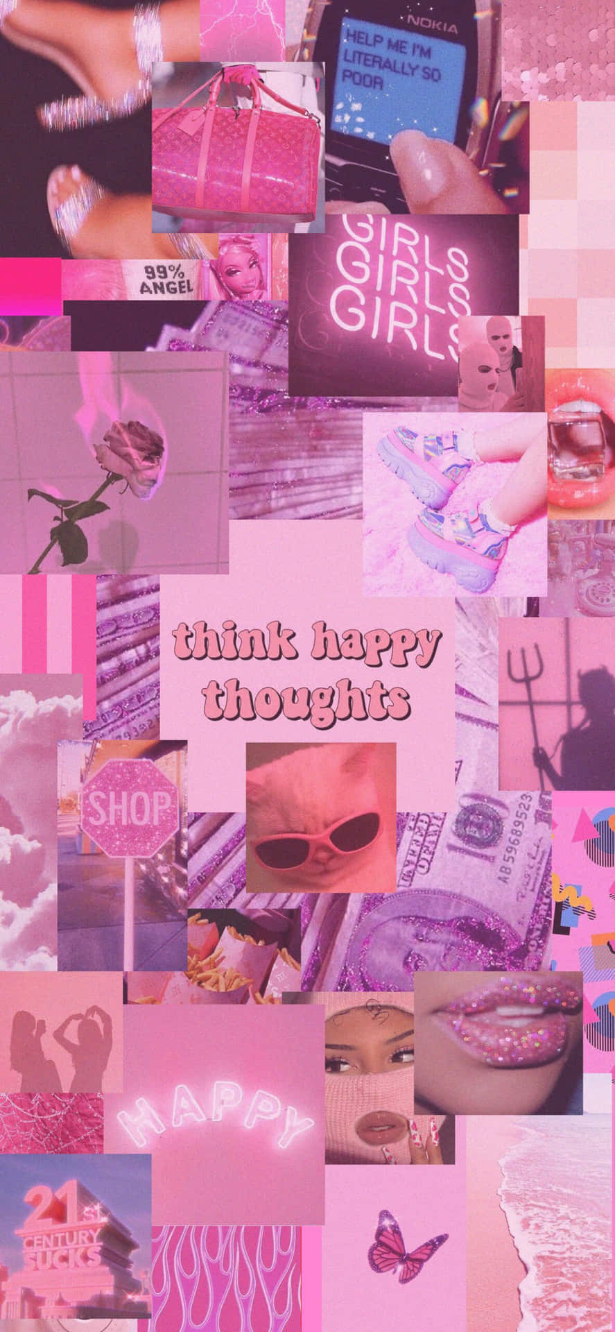 Happy Thoughts Collage_ Pink Aesthetic Wallpaper