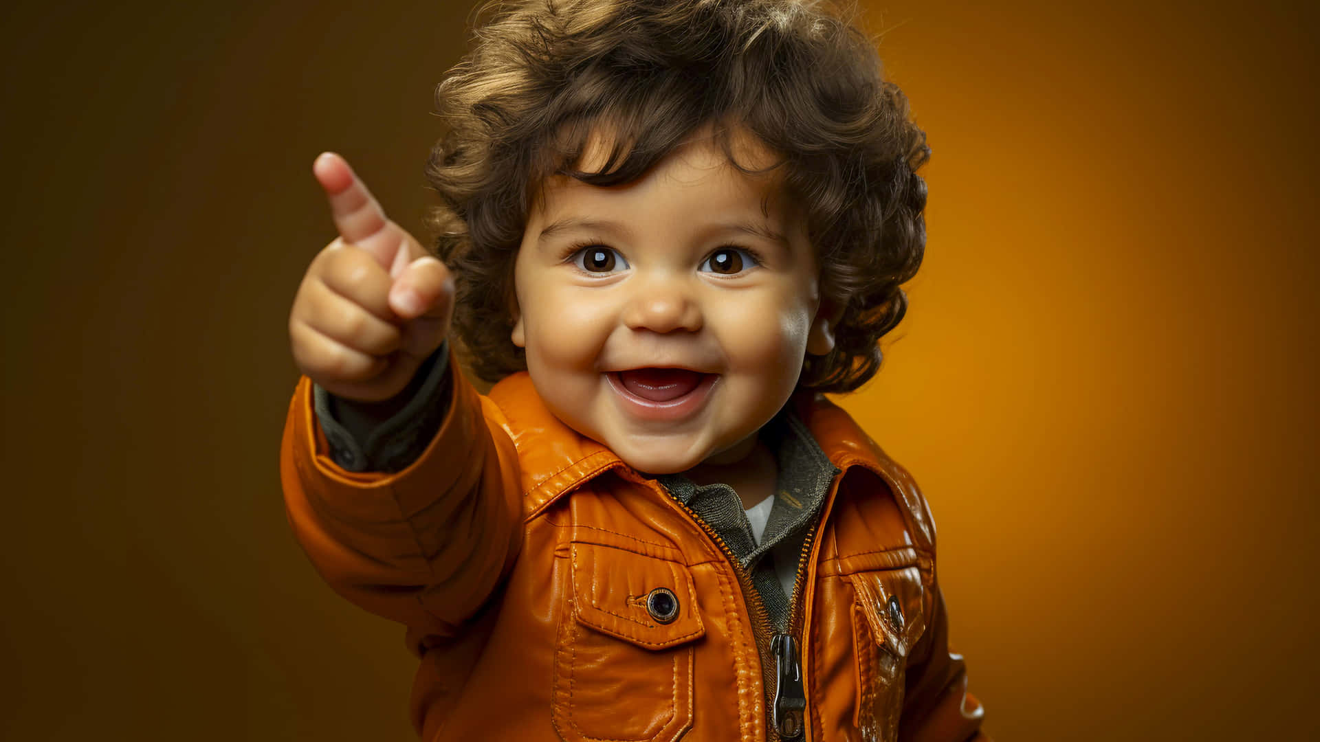 Happy Toddler Pointingin Orange Jacket Wallpaper