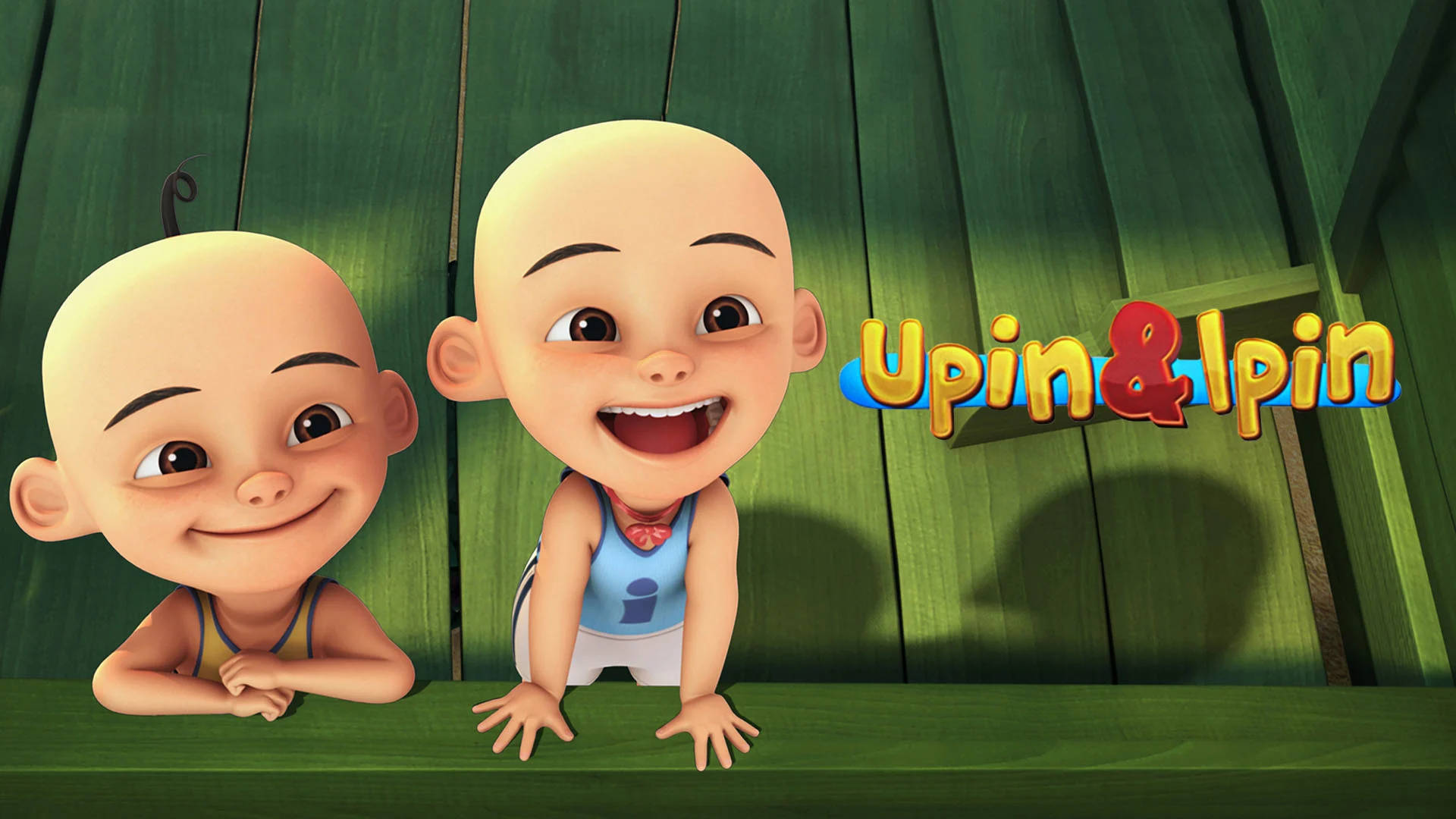 Download Happy Upin Ipin With Logo Wallpaper 