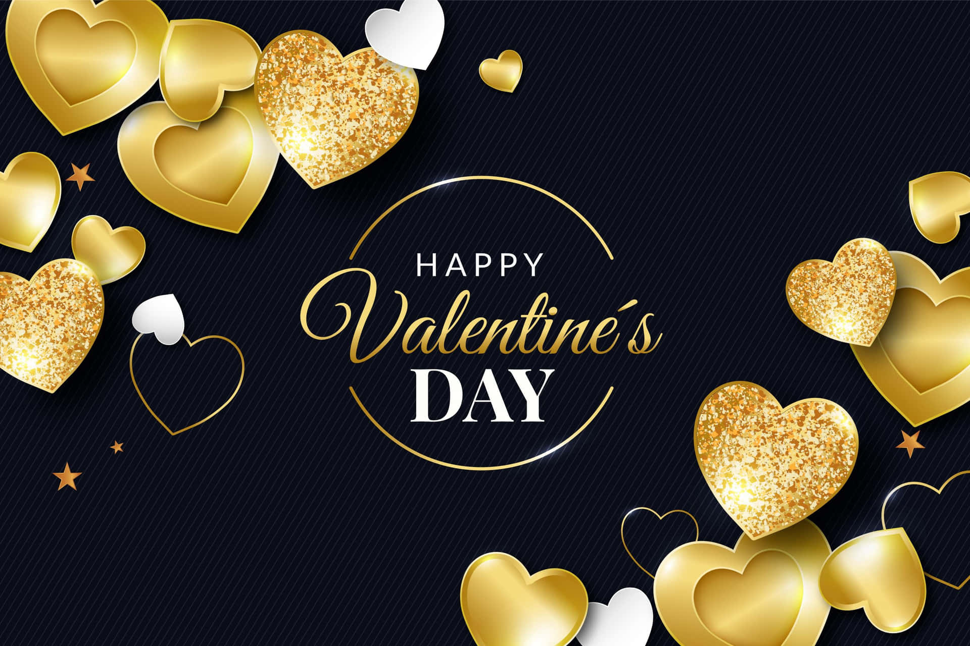 Glædelig Valentinsdag med gule hjerter på en sort baggrund.