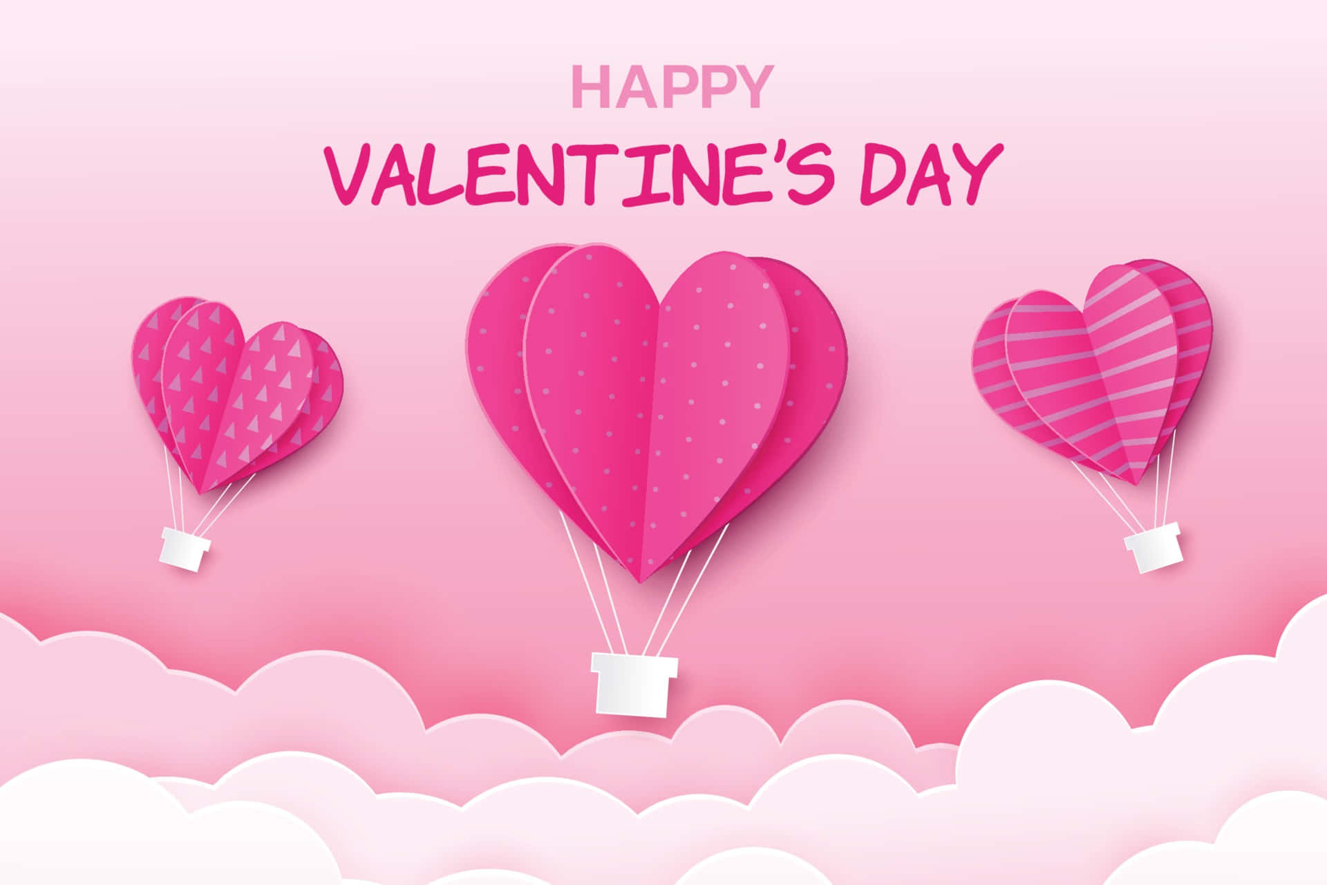 Happy Valentine's Day With Pink Paper Hearts And Clouds