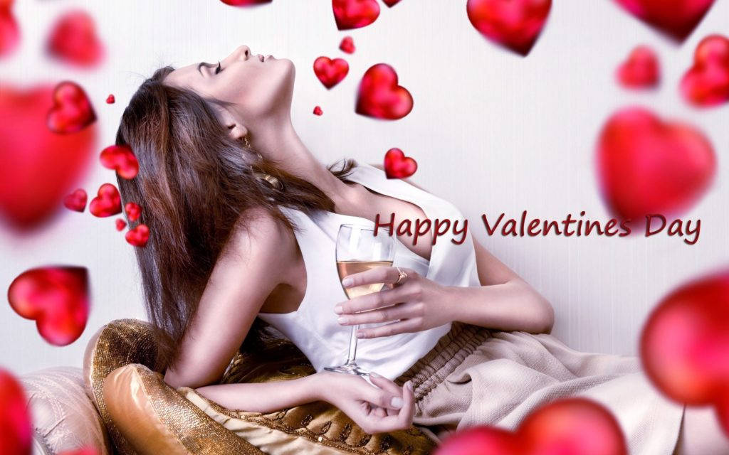Happy Valentine’s Day Woman With Drink Wallpaper