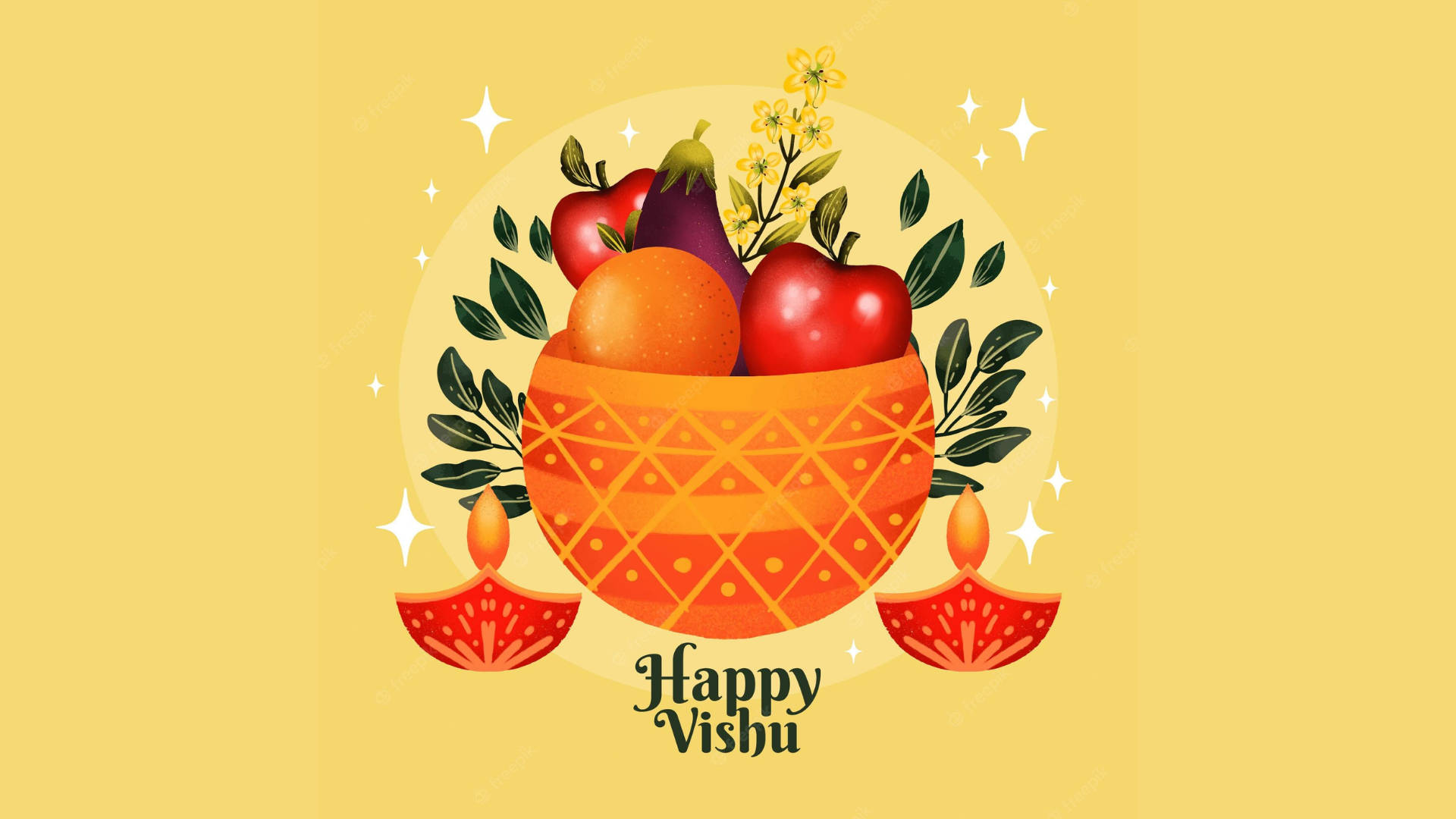 Happy Vishu Fruit Basket On Yellow Background Wallpaper
