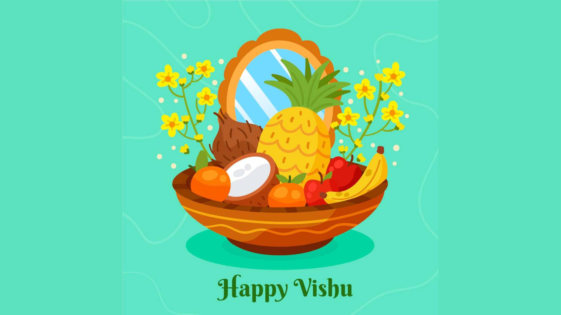 Happy Vishu Fruit Basket Teal Wallpaper