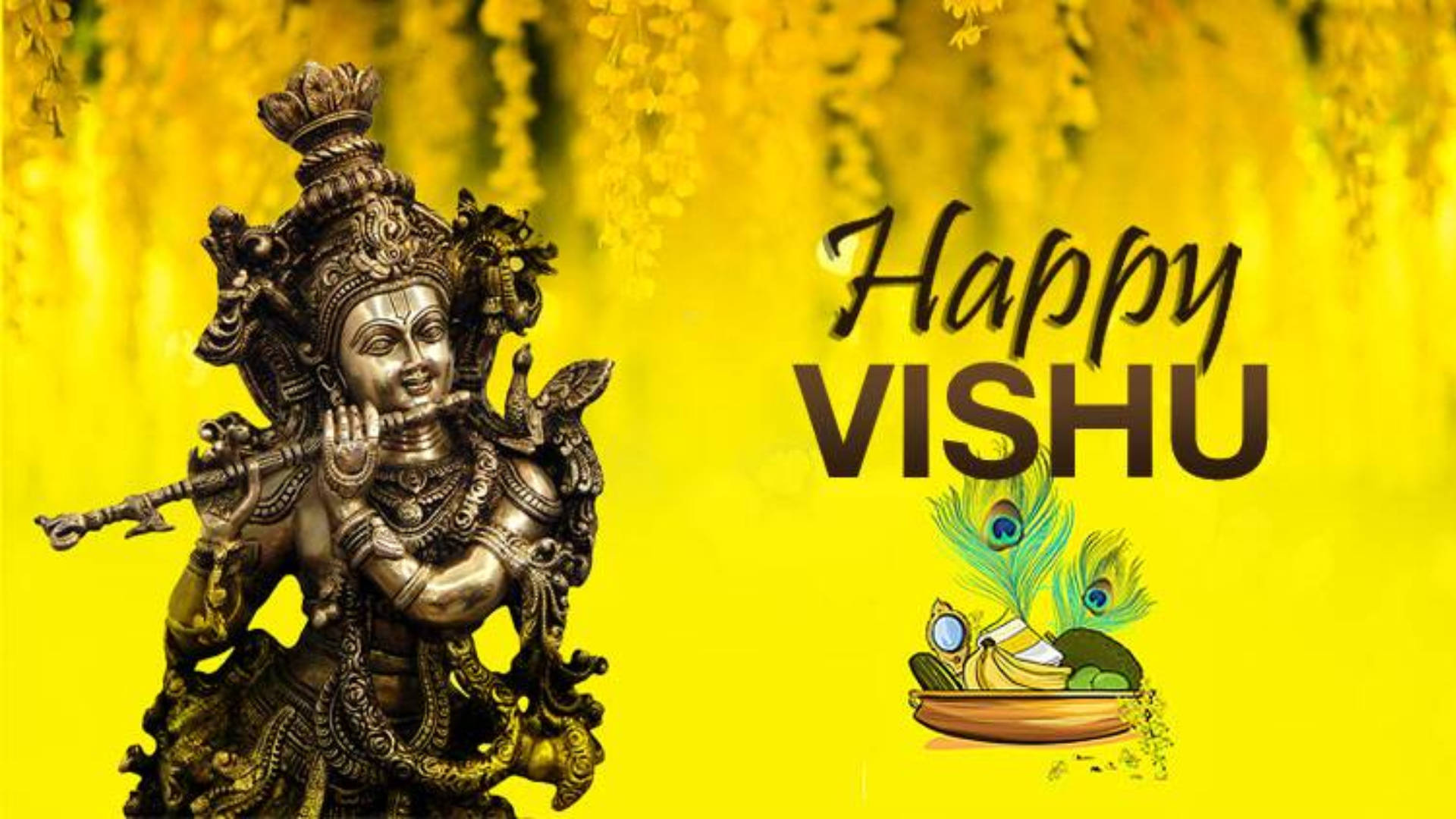 Saludosde Vishu Feliz Con Flores De Lluvia Dorada. Fondo de pantalla