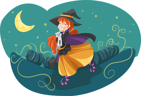 Happy Witch Flying With Cat PNG