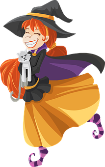 Happy Witch Holding Cat PNG