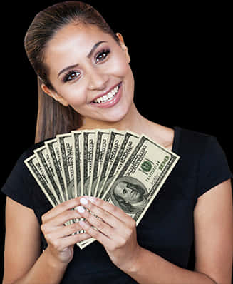 Happy Woman Holding Cash PNG