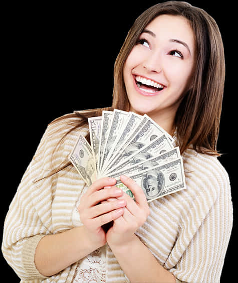 Happy Woman Holding Money PNG