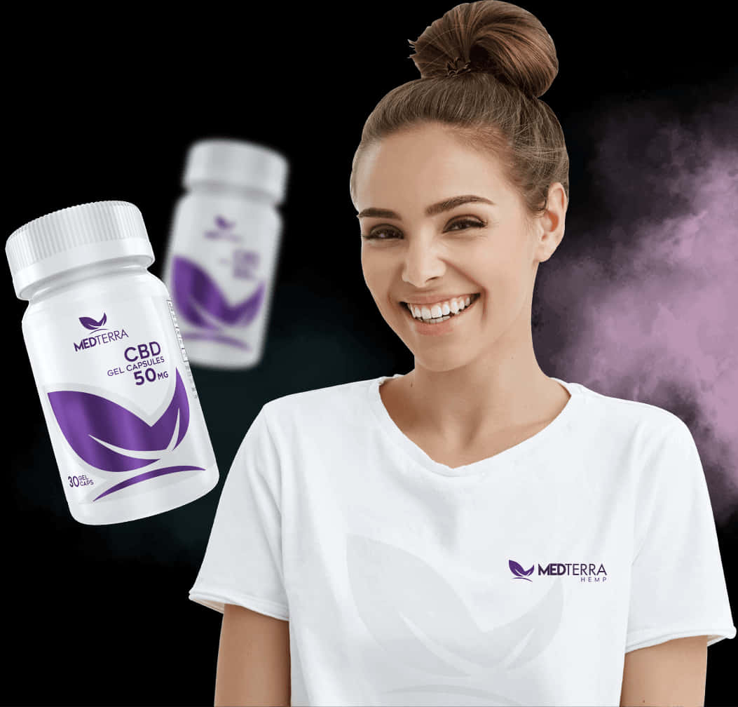 Happy Woman Promoting C B D Capsules PNG