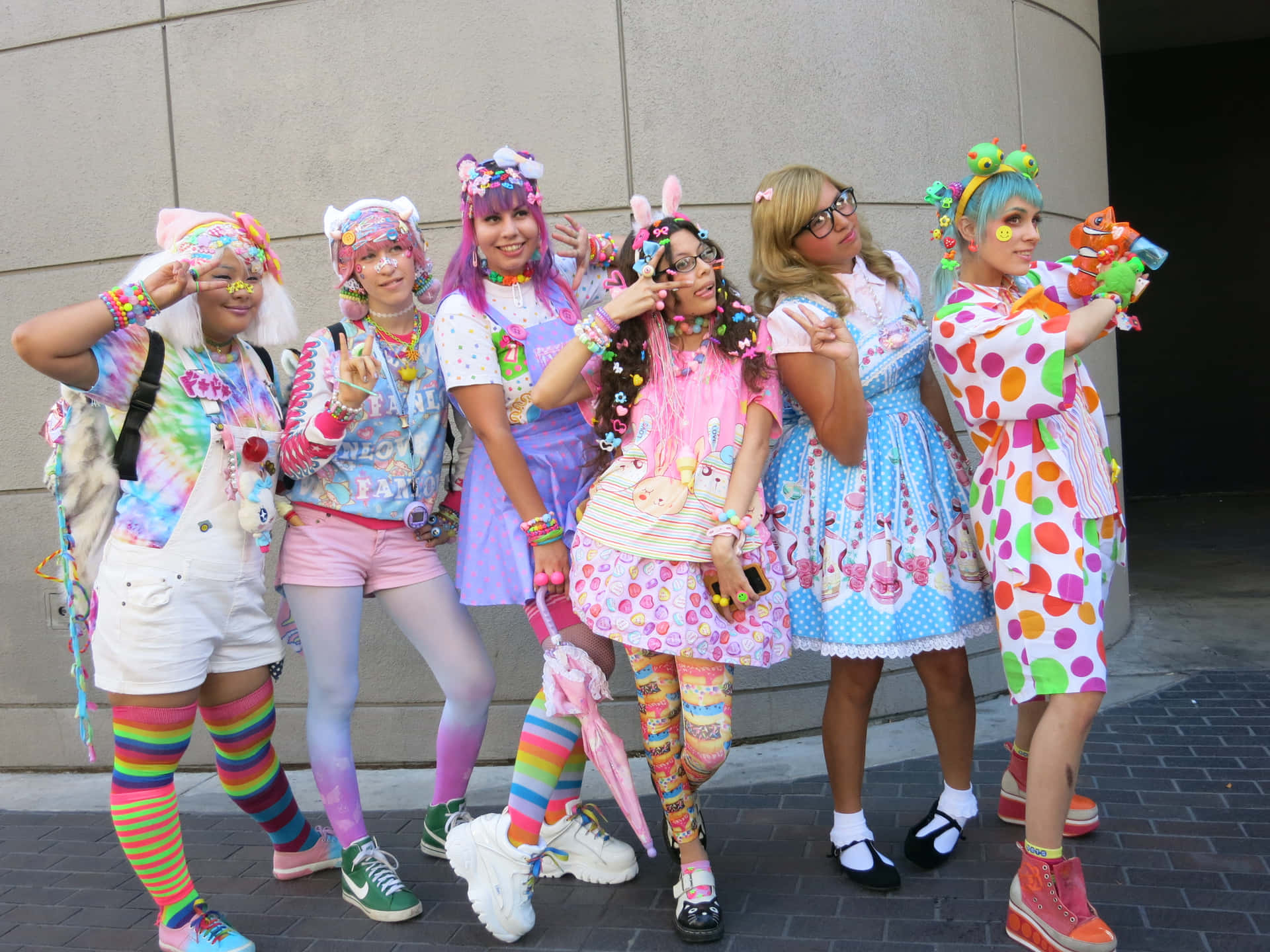 Colorful Harajuku Fashion in Vibrant Tokyo Street Style Wallpaper