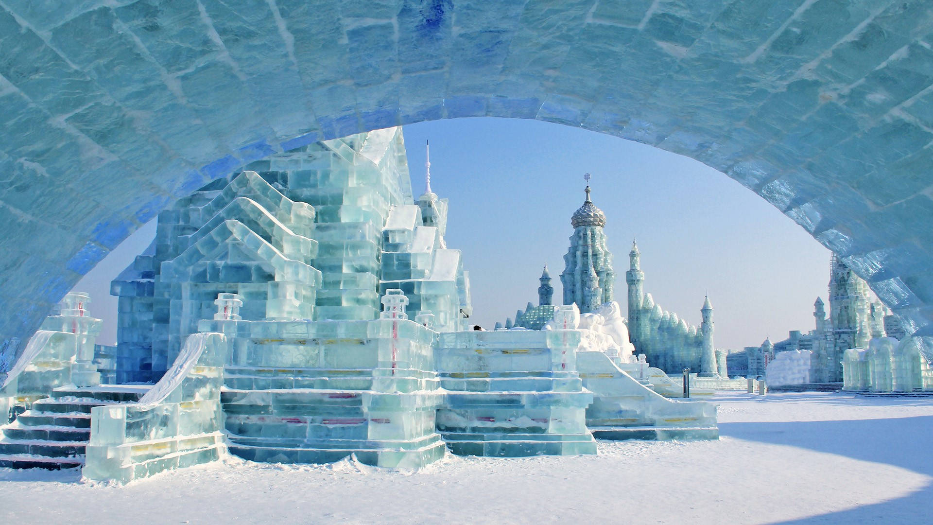 Breathtaking View of Ice Sculptures in Harbin City Ice cave- The Winter Wonderland Wallpaper