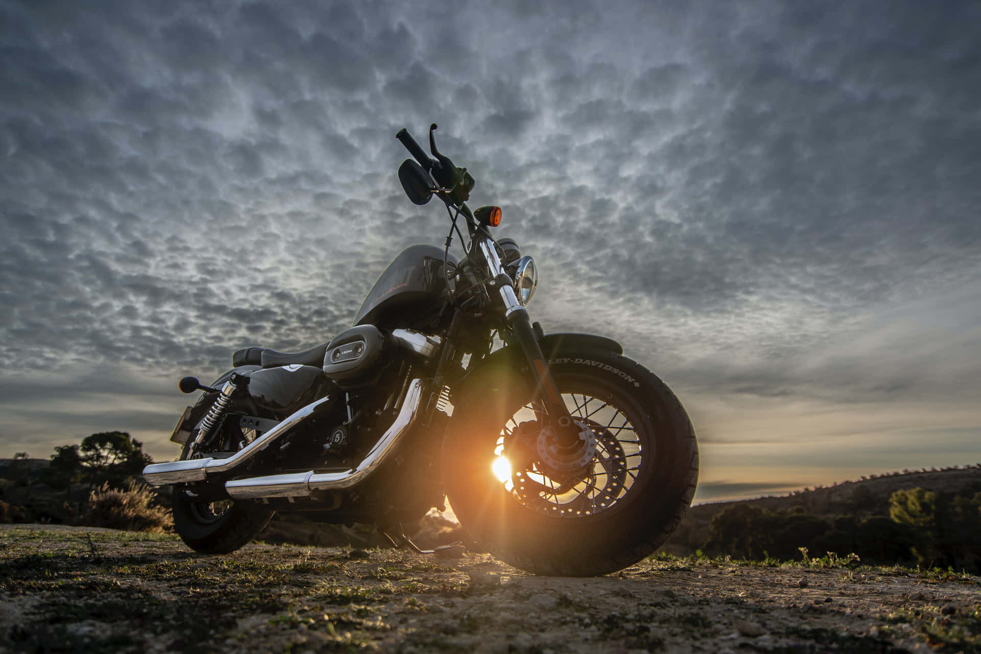 Harley Davidson Black Motorcycle Sunset Background