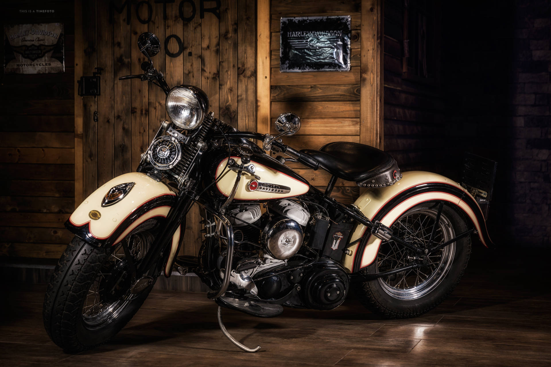 Harley Davidson In A Wooden Background Wallpaper
