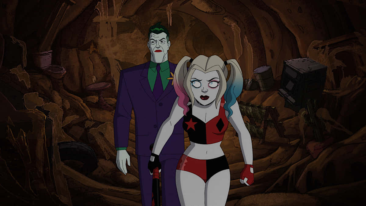 Playful Chaos of Harley Quinn and Joker in Cartoon Form Wallpaper
