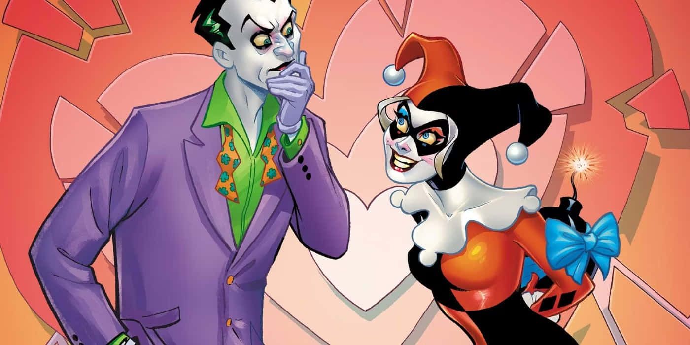 Harley Quinn and Joker Cartoon in a playful embrace Wallpaper