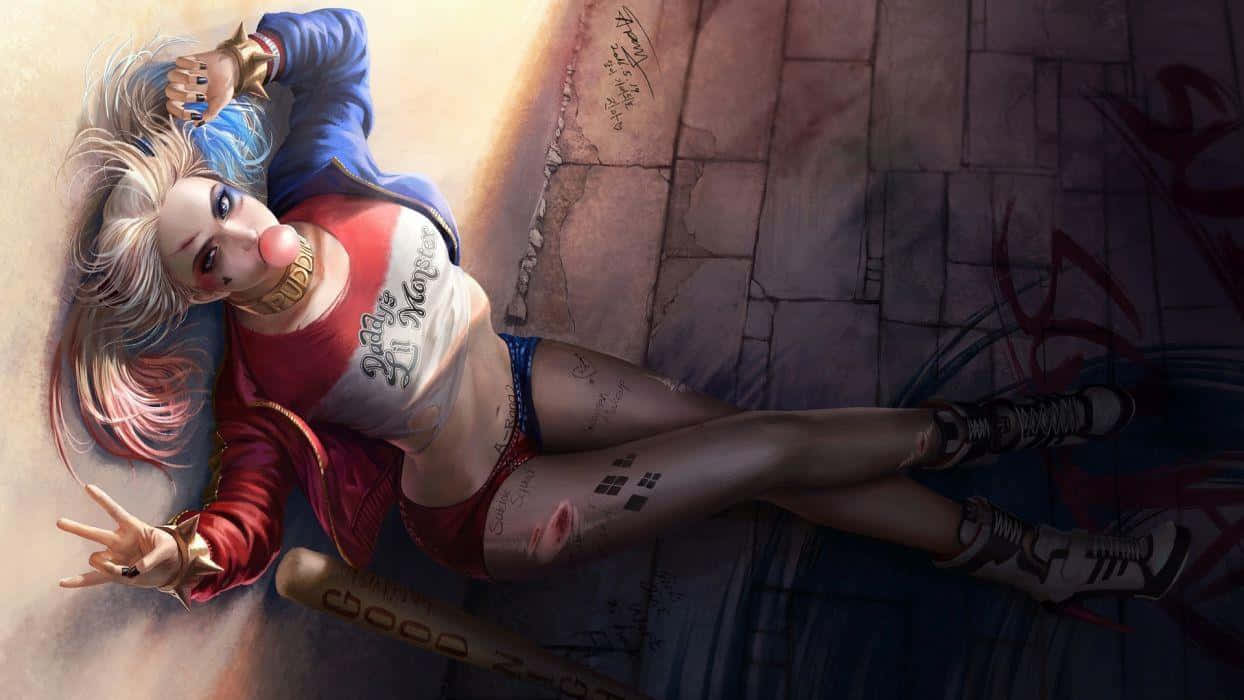 Harley Quinn holding her signature baseball bat in a dynamic pose. Wallpaper