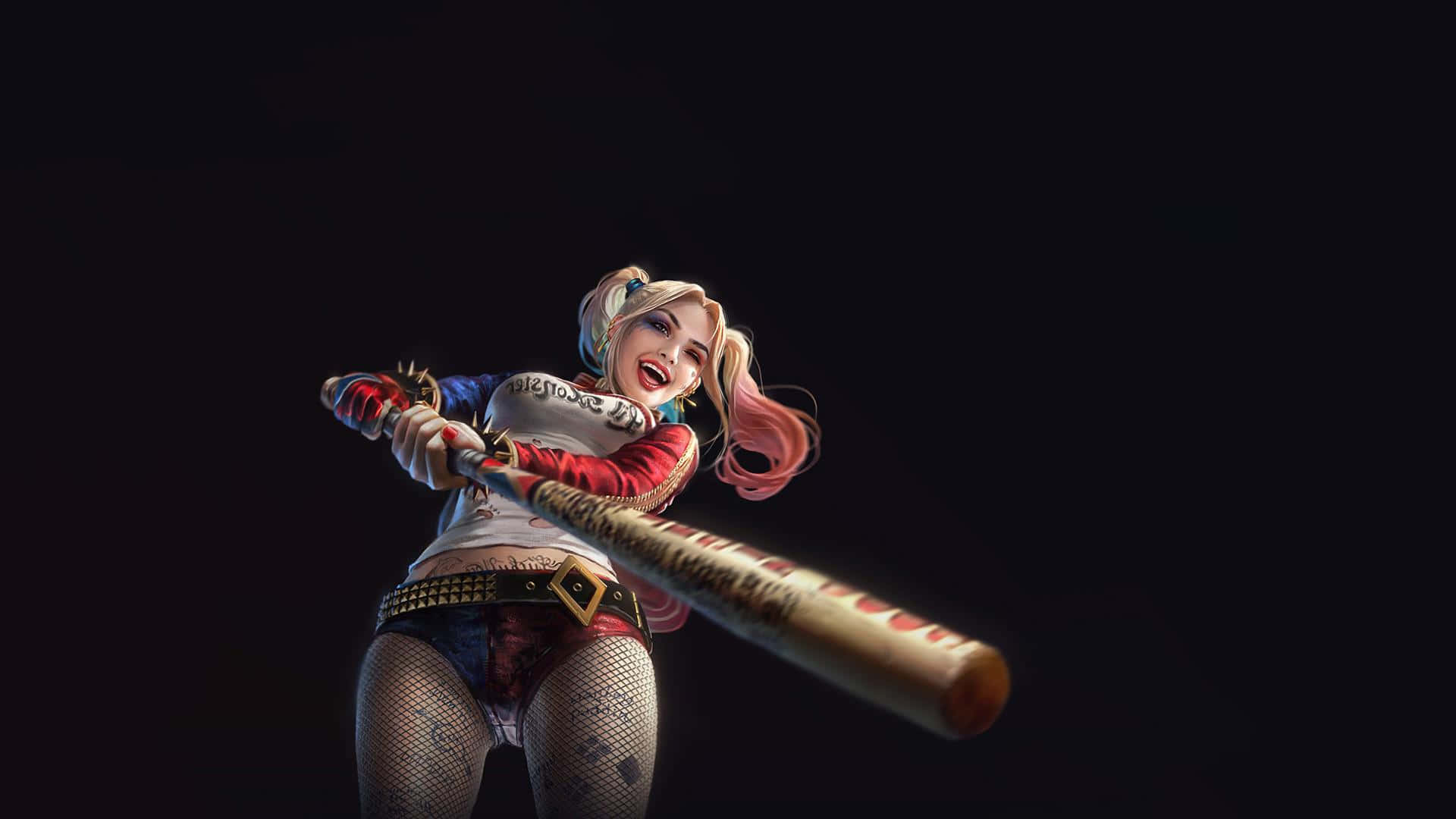 Download Harley Quinn Posing With Her Iconic Baseball Bat Wallpaper Wallpapers Com
