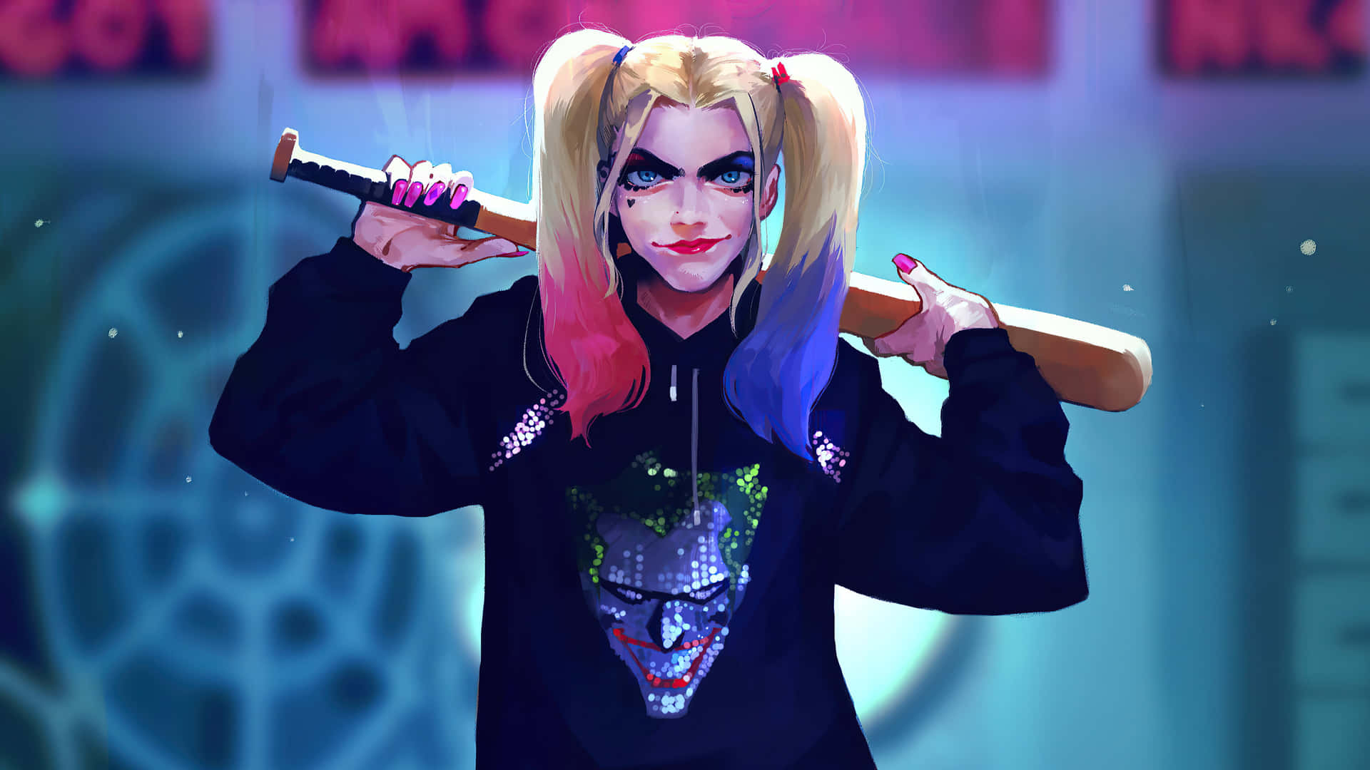 Harley Quinn wielding her iconic baseball bat in action Wallpaper