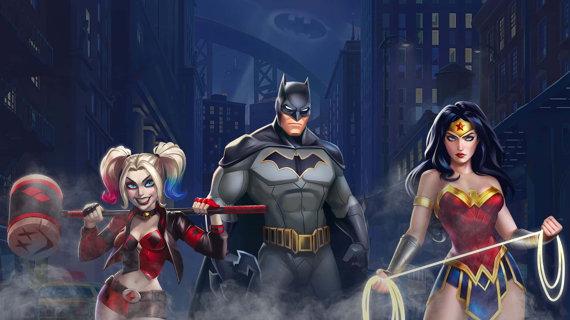 Harley Quinn Batman Wonder Woman Di Pemandangan Kota Wallpaper