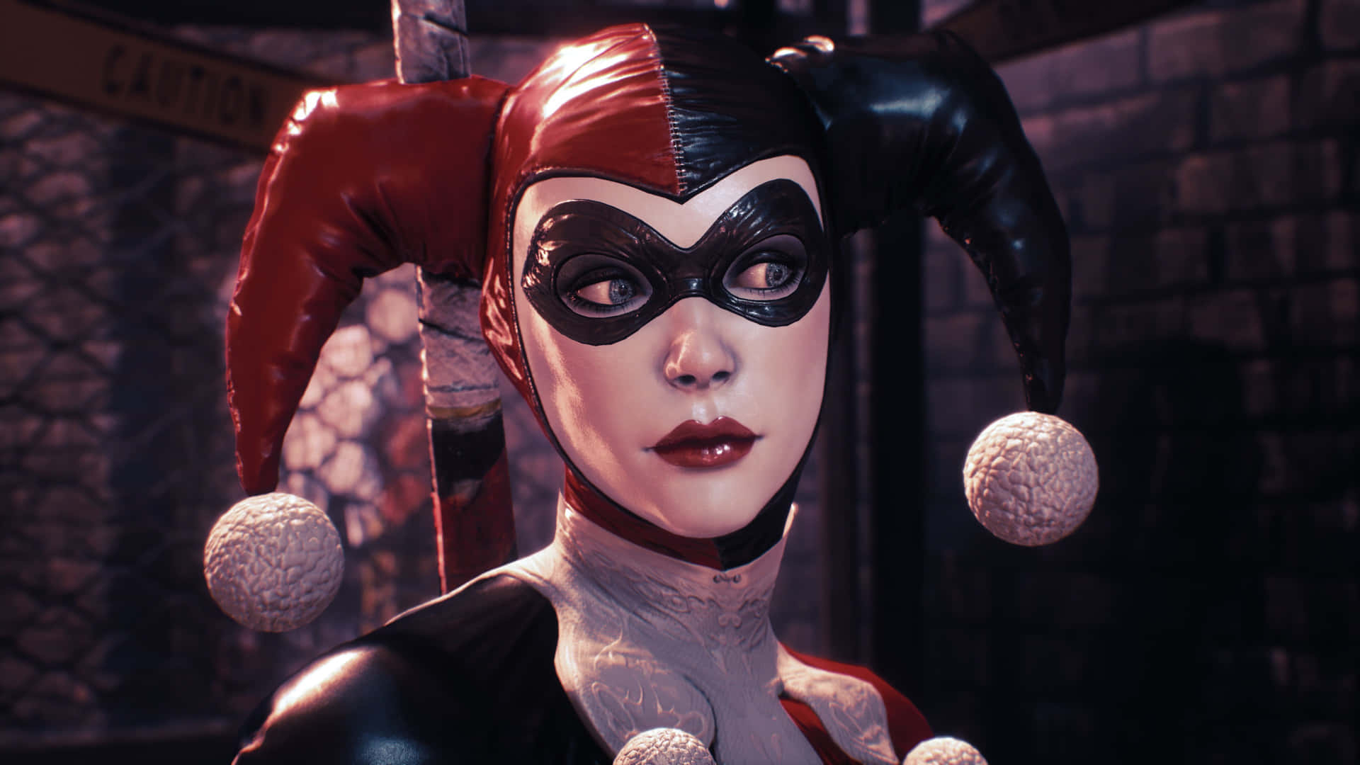 Pictures af Harley Quinn strømmer ud fra kantene med en livlig lilla baggrund.