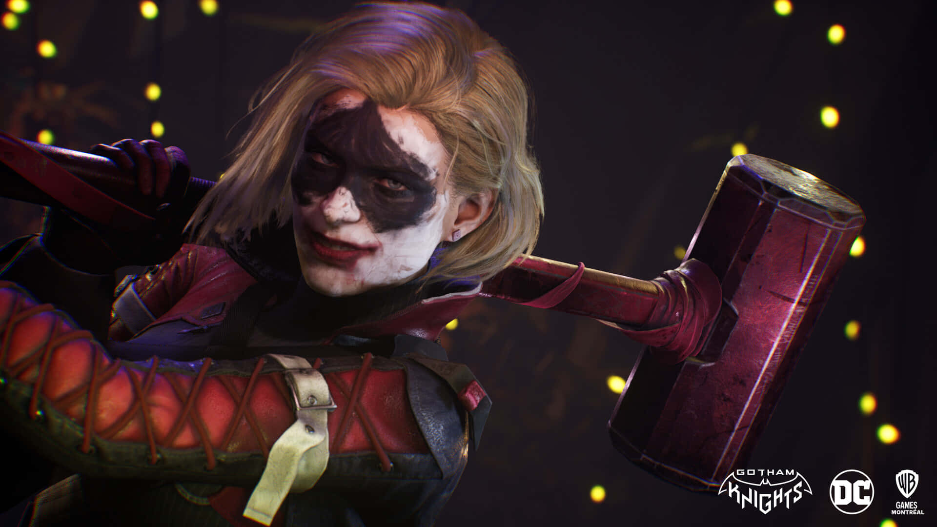 Harley Quinn wielding her iconic hammer in a powerful pose Wallpaper