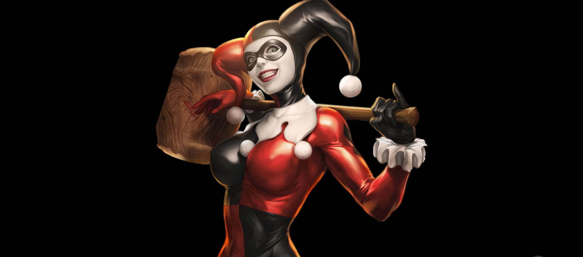Harley Quinn swinging her iconic hammer in action Wallpaper