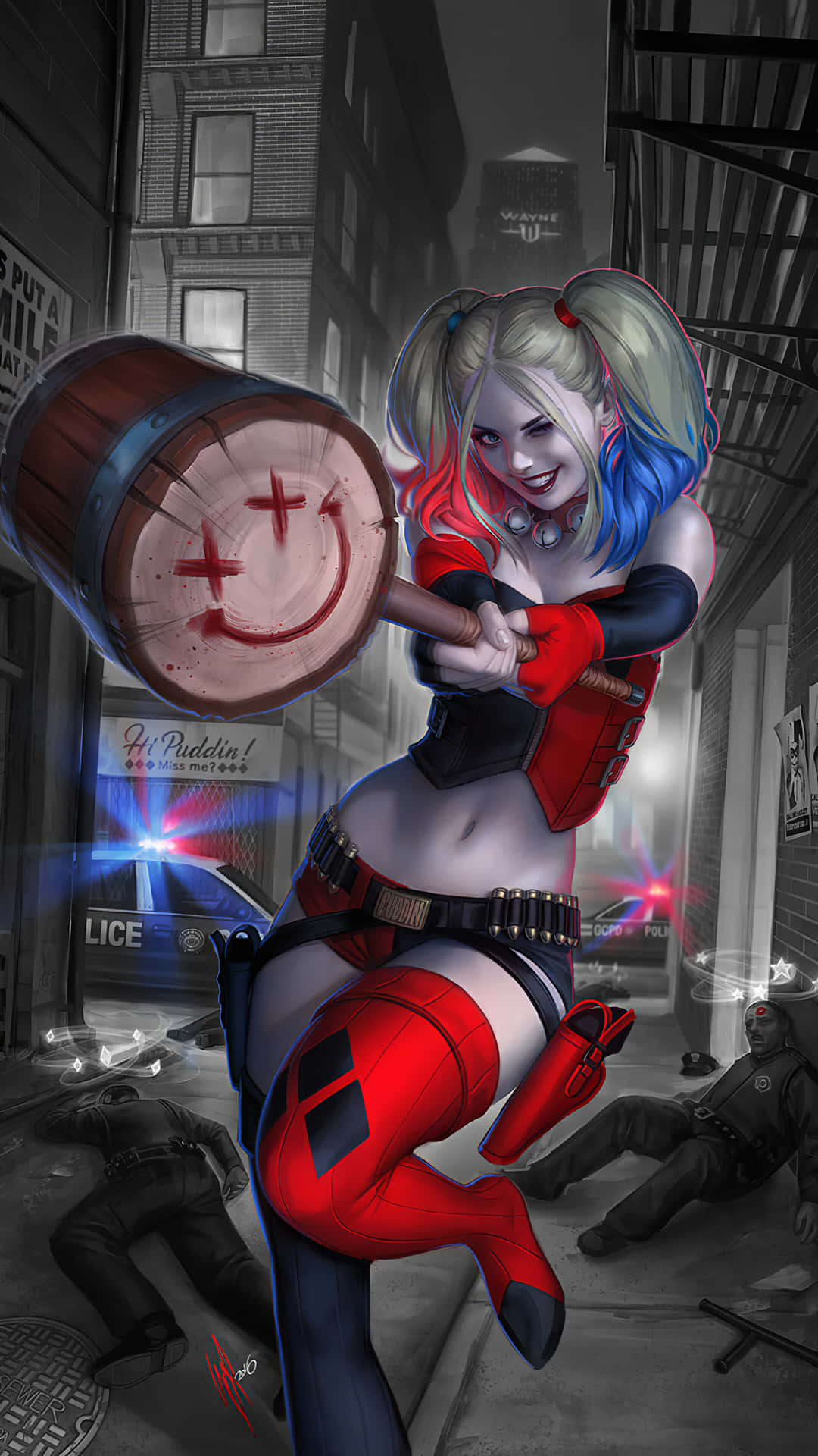 Harley Quinn swinging her iconic hammer with style and a wicked smile. Wallpaper