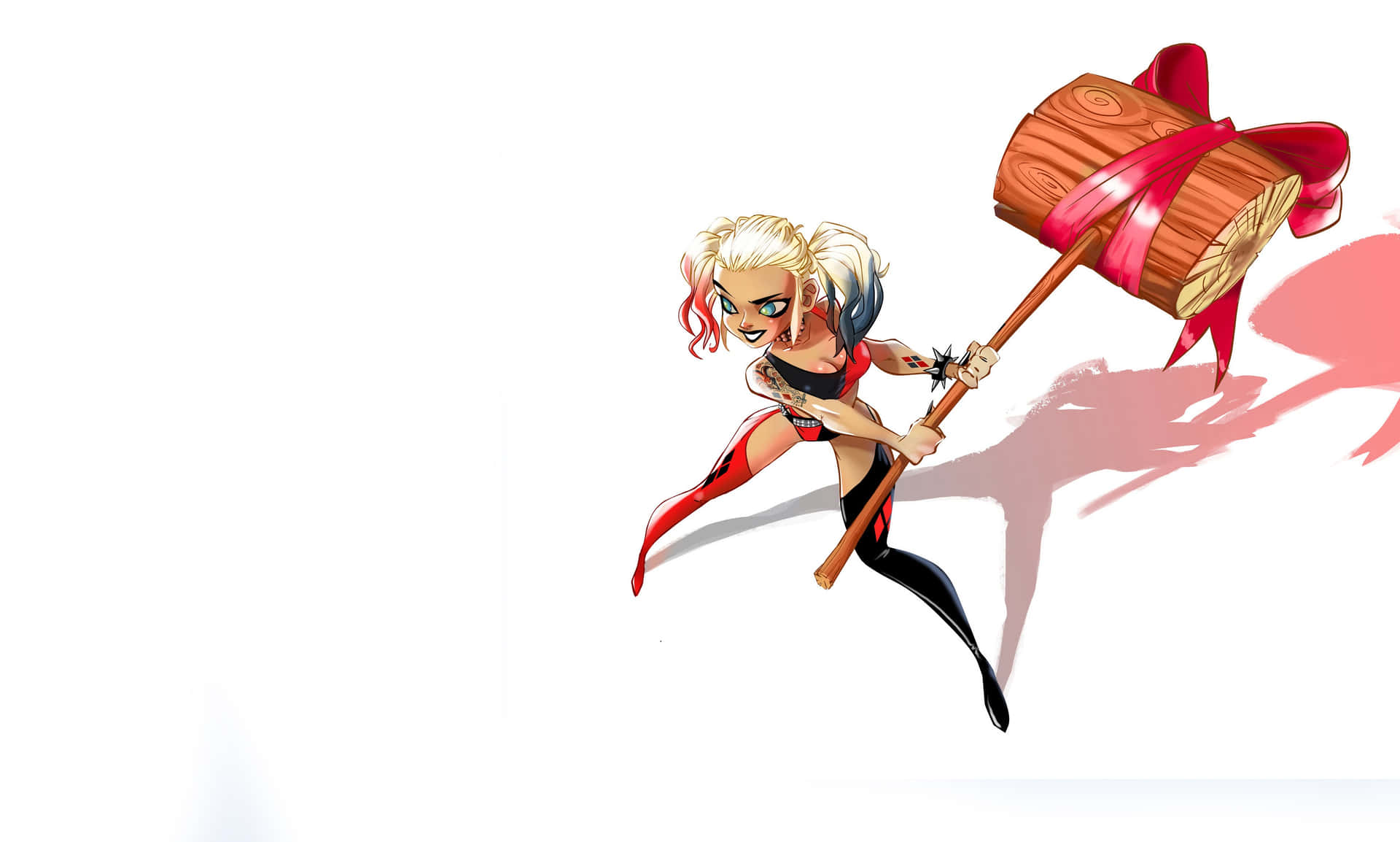 Harley Quinn wielding her iconic hammer in a dynamic action pose. Wallpaper
