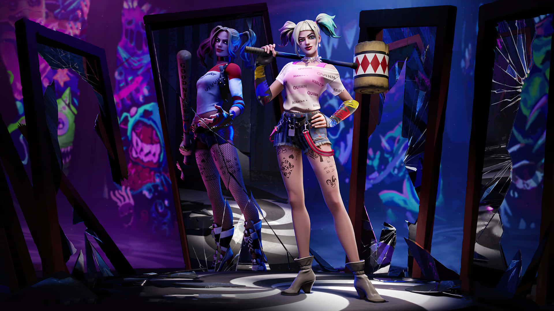 Harley Quinn striking a pose with her iconic hammer Wallpaper