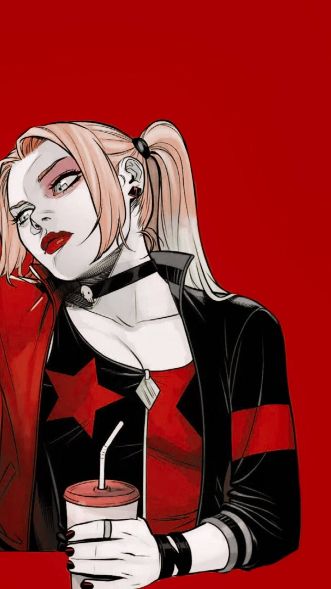 Harley Quinn Phone Drink In Hand Wallpaper